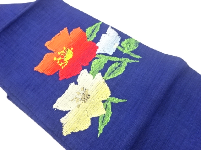 手織り紬花葉模様織出し名古屋帯